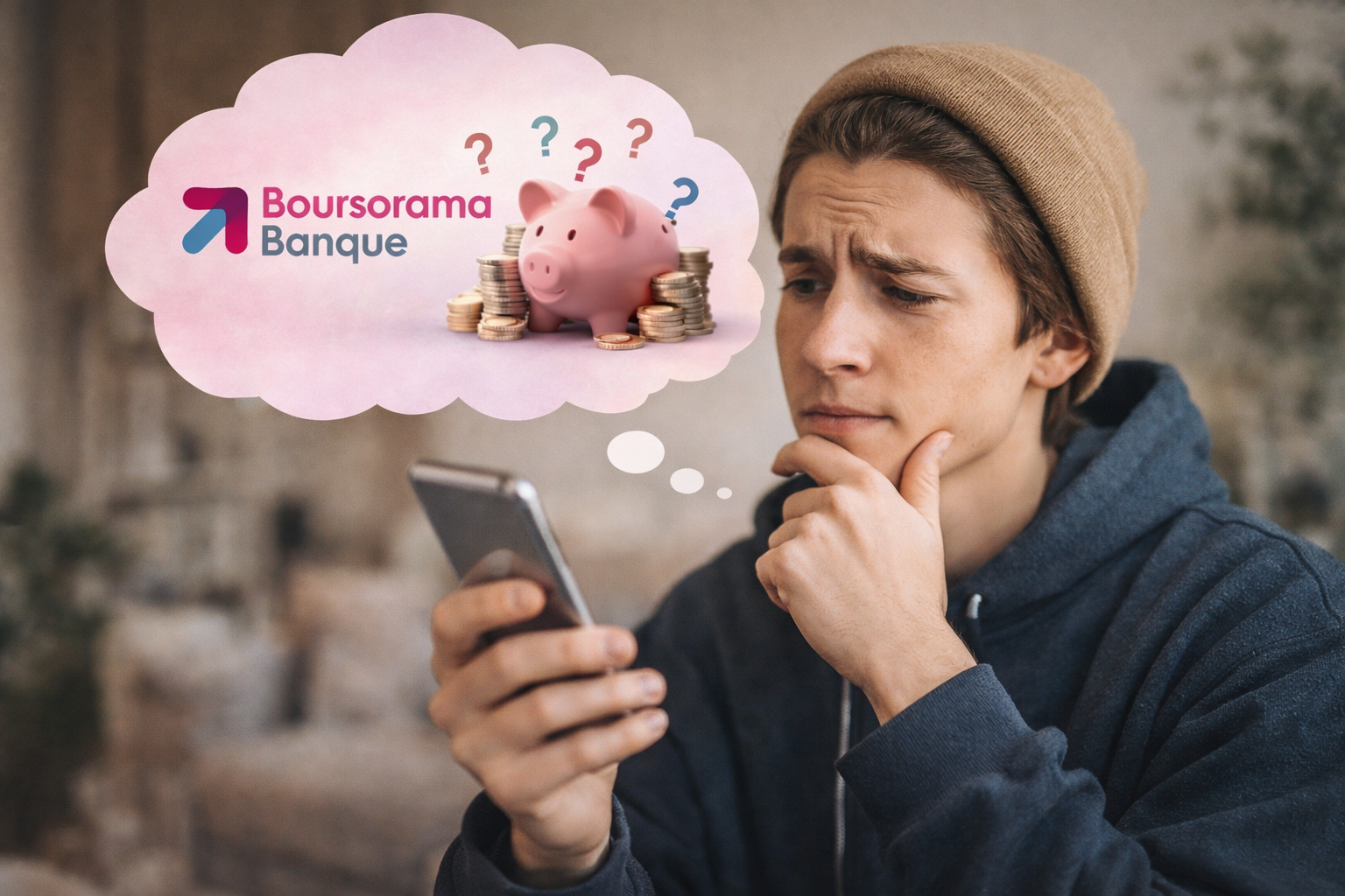 Une personne regarde son smartphone en réfléchissant à ouvrir un compte Boursorama/BoursoBank et à profiter de l’offre de parrainage du moment.