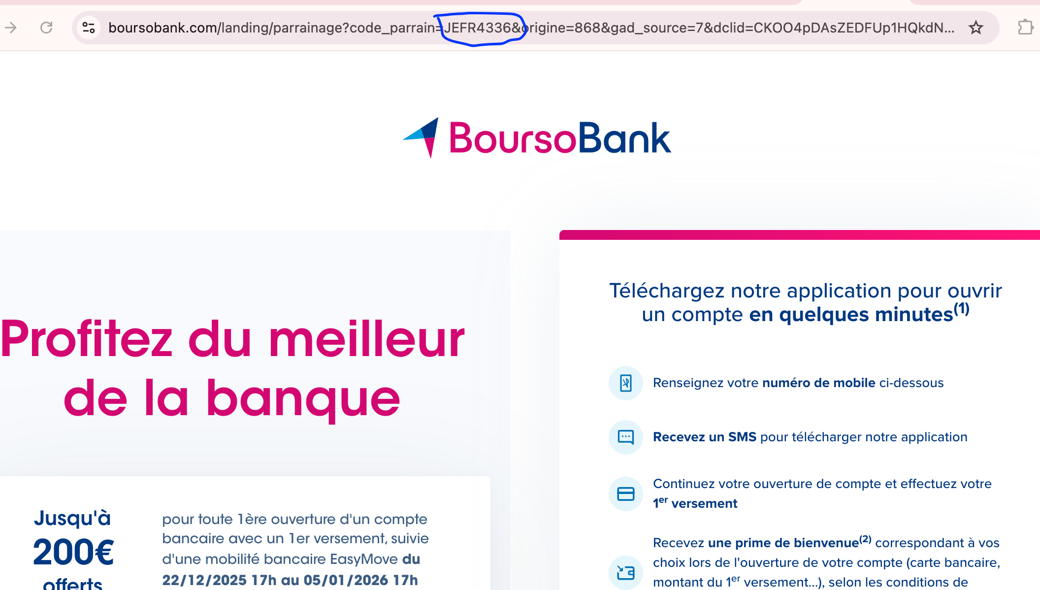 Exemple d'URL BoursoBank avec le paramètre code_parrain
